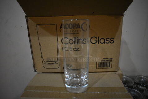 3 Boxes of 48 BRAND NEW IN BOX! Acopa Collins Glasses. Comes w/ 12 Extra Glasses. 2.5x2.5x6.5. 3 Times Your Bid! (glass room - off of bar area)