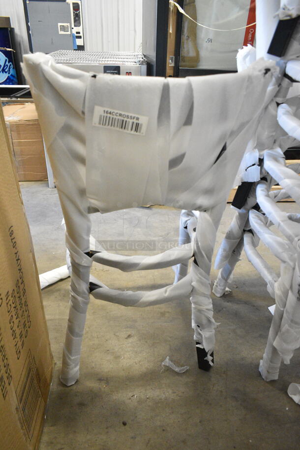 12 BRAND NEW SCRATCH AND DENT! Lancaster Table & Seating 164CCROSSFR Black Metal Cross Back Dining Height Chair w/ 12 Cushions. 12 Times Your Bid!  - Image 8 of 9