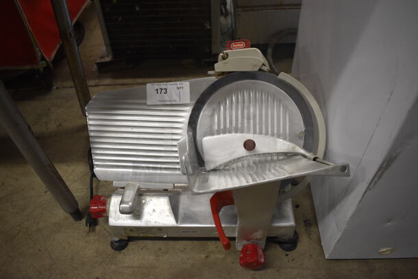 Berkel Model 827-E Metal Commercial Countertop Meat Slicer w/ Blade Sharpener. 115 Volts, 1 Phase. 22x17x15. Tested and Working!