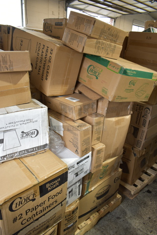 PALLET LOT of 30 BRAND NEW Boxes Including 5002DNAP Choice White 2-Ply Dinner Napkin 17" x 15" - 3000/Case, 394405XL Noble Products Powder-Free Disposable Blue Vinyl Gloves for Foodservice - Extra Large - 1000/Case, UNV35705 Universal Office UNV35705 2 1/4" x 126' White 1-Ply Adding Machine and Calculator 16# Paper Roll - 100/Case, 347GS6MIX Choice 3 3/4" Plastic Gelato Spoons with Assorted Colors - 2000/Case, 2 Box 612527LCO Choice 7" Round Standard Weight Foil Take-Out Pan with Board Lid - 200/Case, 795PTOKFT2 Choice 7 3/4" x 5 1/2" x 2" Kraft Microwavable Folded Paper #2 Take-Out Container - 200/Case, Choice 4 oz. Clear Plastic Souffle Cup / Portion Cup - 2500/Case, 5 Box Victor Rat Traps, M326, 12 pack, 500CC32THD Choice HD 32 oz. Tall Heavy Weight Clear PET Plastic Cold Cup - 300/Case, 2 Box 346BKFSNM Choice Medium Weight Black Wrapped Plastic Cutlery Set with Napkin - 250/Case, 395TO881 EcoChoice 8" x 8" x 3" Compostable Sugarcane / Bagasse 1 Compartment Take-Out Box - 200/Case, 130HCUTFWR Visions Individually Wrapped White Heavy Weight Plastic Fork - 1000/Case. 30 Times Your Bid!
