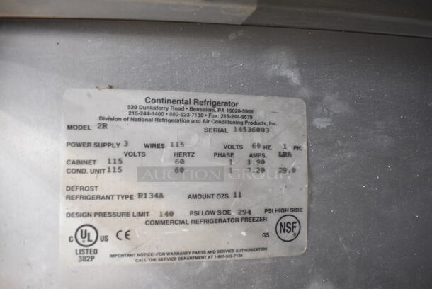 Continental 2R Stainless Steel Commercial 2 Door Reach In Cooler on Commercial Casters. 115 Volts, 1 Phase. Tested and Working! - Image 6 of 6