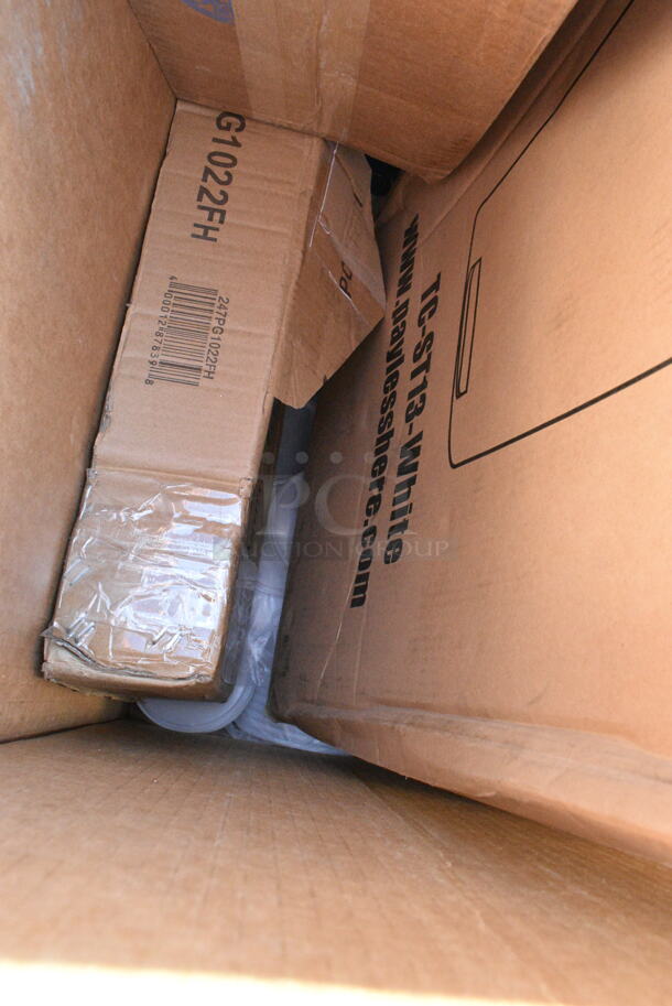 12 BRAND NEW Boxes Including TC-ST13-White Unit, Nemco 55600-2 1/4" Easy Tomato Slicer, 247PG1022FH Vigor 11" x 23" Portable Steel Griddle, TC-1350R-SS 13 Gallon Trash Can, 271CT1418OR Carlisle CT141824 Cafe 14" x 18" Orange Standard Plastic Fast Food Tray - 12/Case, 257SWD Lavex Heavy-Duty Steel Stretch Wrap Dispenser with Film Cutter, 245CB12PLN Choice 12" x 12" x 2" Kraft Customizable Corrugated Plain Pizza Box - 50/Case, Zurn Z5410 Blowout Service Sink. 12 Times Your Bid!  - Image 5 of 12