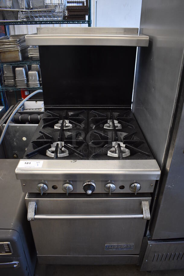 Imperial Stainless Steel Commercial Natural Gas Powered 4 Burner Range w/ Oven, Over Shelf and Back Splash. 24x32x56