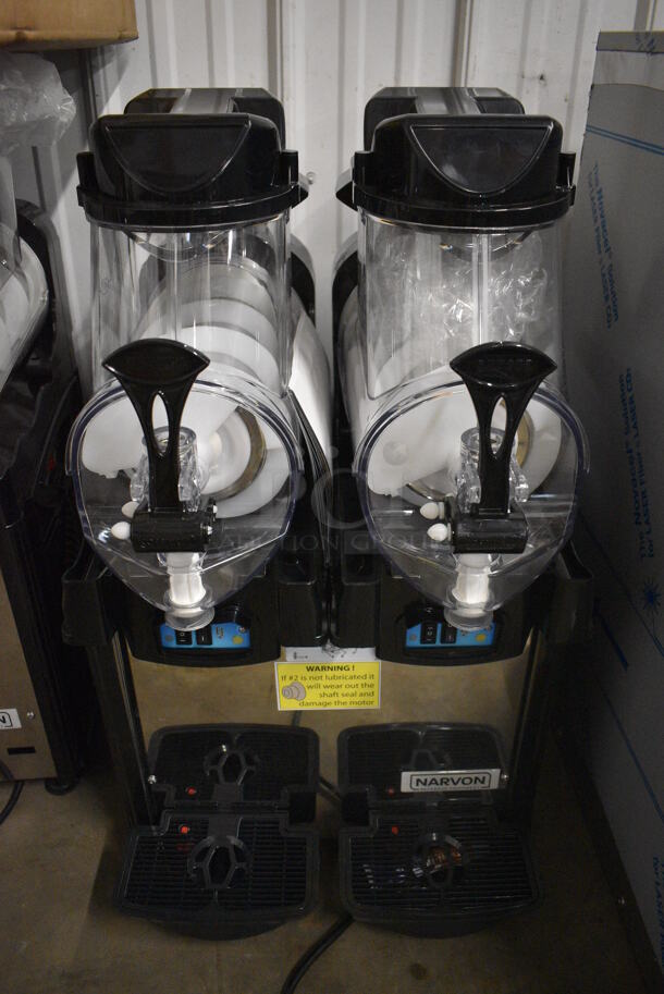 BRAND NEW IN BOX! Narvon Model AURORA 2 Metal Commercial Countertop 2 Hopper Slushie Machine. Each Hopper Has 1.6 Gallon Capacity. 120 Volts, 1 Phase. 17x22x30