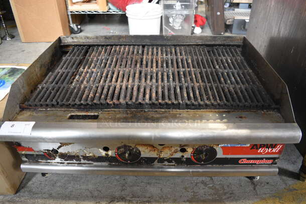 APW Wyott Stainless Steel Commercial Countertop Natural Gas Powered Charbroiler Grill. Comes w/ Gas Hose. 36x25x15.5