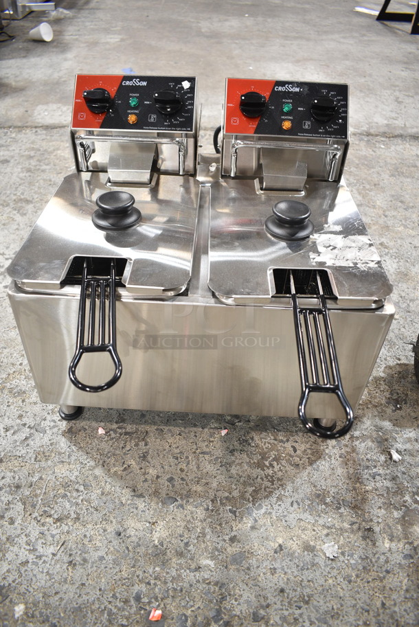 2023 Crosson CF-20 Stainless Steel Commercial Countertop Electric Powered 2 Bay Fryer w/ 2 Metal Fry Baskets and 2 Lids. 120 Volts, 1 Phase. - Image 1 of 6