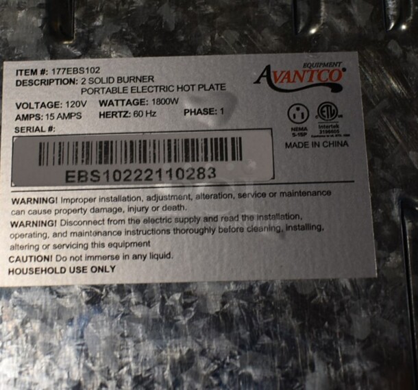 BRAND NEW SCRATCH AND DENT! Avantco 177EBS102 Stainless Steel Commercial Countertop Electric Powered 2 Burner Range. 120 Volts, 1 Phase.  - Image 4 of 4