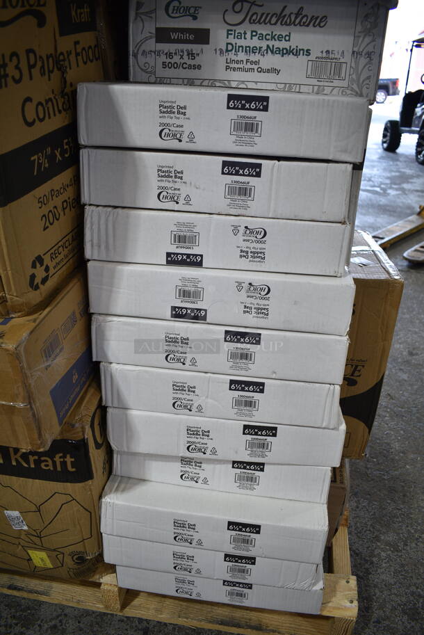 PALLET LOT of 40 BRAND NEW Boxes Including 795PTOKFT3 Choice Kraft Microwavable Folded Paper #3 Take-Out Container 7 3/4" x 5 1/2" x 2 1/2" - 200/Case, 128HD8COMBO ChoiceHD 8 oz. Microwavable Translucent Plastic Deli Container and Lid Combo Pack - 240/Case, 50010WRAPPLA Lavex 10 oz. Kraft Compostable Individually Wrapped Paper Hot Cup - 480/Case, 3 Box 395TO993 EcoChoice 9" x 9" x 3" Compostable Sugarcane / Bagasse 3 Compartment Takeout Container - 200/Case, 5002DNAPBLK Choice 15" x 17" Black Customizable 2-Ply Paper Dinner Napkin - 1000/Case, American Metalcraft CERAM18 18" White Ceramic Pizza Serving Tray, CAC RCN-S16Q Bright White Clinton Square in Square Plate 10 1/2" - 12/Case, 11 Box 130D66UF Choice 6 1/2" x 6 1/4" Unprinted Plastic Deli Saddle Bag with Flip Top - 2000/Case, 5005DNAPFLT Choice Touchstone 16" x 15" White Linen-Feel Flat-Packed Dinner Napkin - 500/Case, 500CC16 Choice Clear PET Customizable Plastic Cold Cup - 16 oz. - 1000/Case, 280SHOOTCLR Choice 5 5/8" Crystal Clear Plastic Test Tube Shot / Shooter - 1000/Case, 500TW35 Choice 3.5 oz. Translucent Thin Wall Plastic Cold Cup - 2500/Case, 2 Box 105GC70002 Choice 2 Part Green and White Carbonless Guest Check Book - 50/Case, Dart 205HT1 White Foam Take Out Container with Perforated Hinged Lid 9" x 6" x 3" - 200/Case, 2 Box 5001RTSELNAT Lavex Select 1-Ply Natural Kraft Paper Towel Roll, 665 Feet / Roll - 6/Case, 2 Box 500TW16S Choice 16 oz. Translucent Thin Wall Squat Plastic Cold Cup - 1000/Case, 5014046XXH Lavex Pro 45 Gallon 3 Mil 40" x 46" Low Density Heavy-Duty Industrial Contractor Black Trash Bag / Can Liner - 50/Case, 29500 Sabert 29500 4 Cup Drink Carrier - 200/Case. 40 Times Your Bid!  - Image 11 of 12