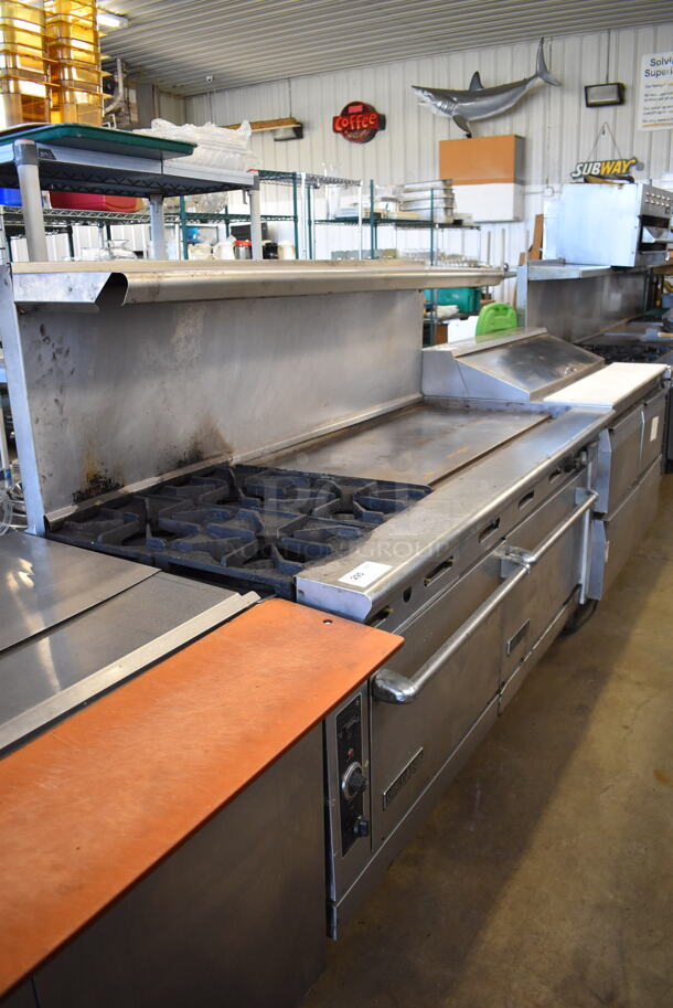 American Range Stainless Steel Commercial Natural Gas Powered 4 Burner Range w/ Flat Top, Oven, Convection Oven, Over Shelf and Back Splash on Commercial Casters. 72x33x57 - Image 2 of 11