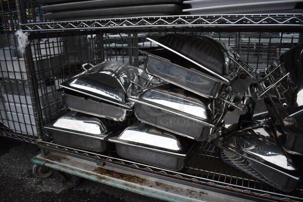 ALL ONE MONEY! Lot of Chrome Finish 4 Tier Shelving Unit on Commercial Casters w/ All Contents Including Metal Drop Ins, White Ceramic Plates. BUYER MUST DISMANTLE. PCI CANNOT DISMANTLE FOR SHIPPING. PLEASE CONSIDER FREIGHT CHARGES. 60x25x72 - Image 8 of 9