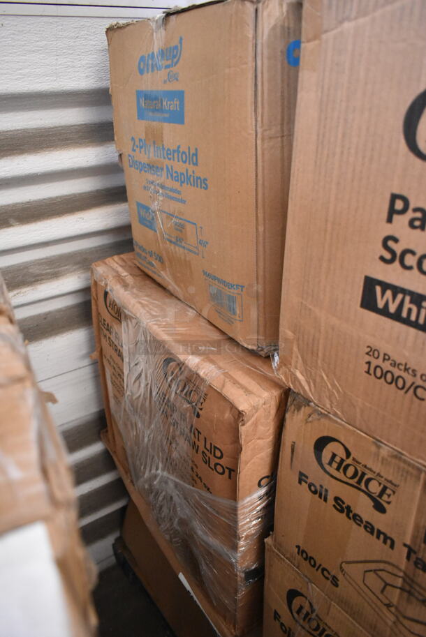 PALLET LOT of 20 BRAND NEW Boxes Including 966UPWIDEKFT OneUp by Choice Kraft 2-Ply Wide Interfold 6 1/2" x 8 1/2" Dispenser Napkin - 6000/Case, 128HD16COMBO ChoiceHD 16 oz. Microwavable Translucent Plastic Deli Container and Lid Combo Pack - 240/Case, 760FFLRGSQWH Choice 7.5 oz. Large White Paper Scoop / Tray - 1000/Case, 2 Box 612FHL1230 Choice Foil Steam Table Pan Lid - Half Size - 100/Case, 346WKFSNSPM2 Choice White Medium Weight Wrapped Plastic Cutlery Pack with Napkin and Salt / Pepper Packets - 250/Case, 85HT3R Containers, 2 Box 500CC16 Choice Plastic Cold Cup, 128HD32COMBO ChoiceHD 32oz. Container and Lid. 20 Times Your Bid! - Image 2 of 9