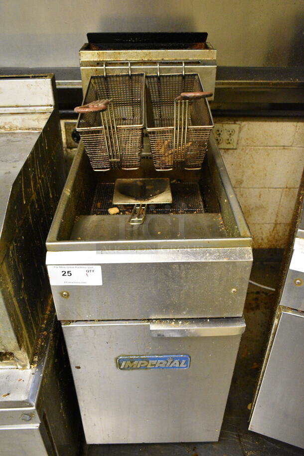 Imperial Stainless Steel Commercial Floor Style Natural Gas Powered Deep Fat Fryer w/ 2 Metal Fry Baskets. This Unit Was In Working Condition When the Restaurant Closed. (kitchen) - Image 1 of 6
