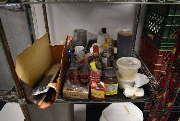 Metro Chrome Finish 3 Tier Wire Shelving Unit w/ Contents. BUYER MUST REMOVE: BUYER MUST DISMANTLE. PCI CANNOT DISMANTLE FOR SHIPPING. PLEASE CONSIDER FREIGHT CHARGES. (kitchen) - Image 4 of 5