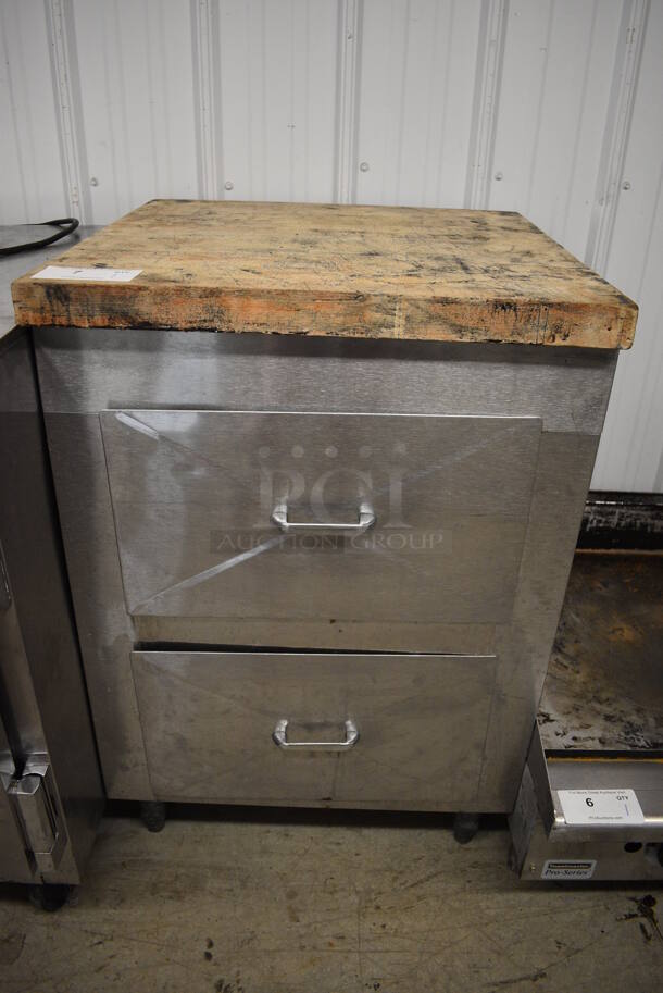 Stainless Steel Commercial Counter w/ Butcher Block Countertop and 2 Drawers. 24x24x36