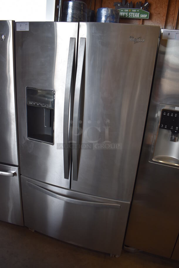 BRAND NEW SCRATCH AND DENT! Whirlpool WRF997SDDM00 Stainless Steel Commercial French Style Cooler Freezer Combo Unit w/ Water and Ice Dispenser. 115 Volts, 1 Phase. 36x36x70. Tested and Powers On and Cooler Works But Freezer Temps at 44 Degrees - Image 3 of 12