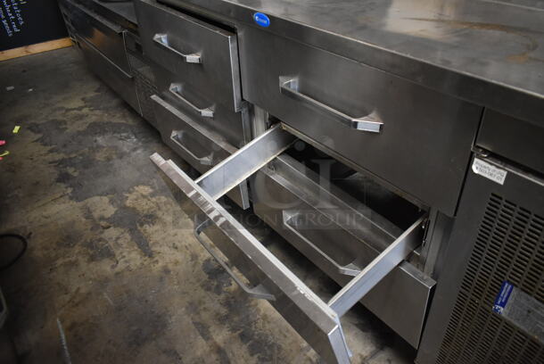 Randell Stainless Steel Commercial Pizza Prep Table w/ 6 Drawers and 2 Tier Over Shelf on Commercial Casters. Tested and Powers On But Does Not Get Cold - Image 6 of 7