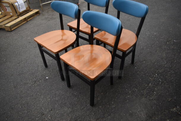 4 Chairs With Black Frame, Wood Style Seat And Blue Cushioned Stretcher. 4 Times Your Bid! Cosmetic Condition May Vary. - Image 3 of 3
