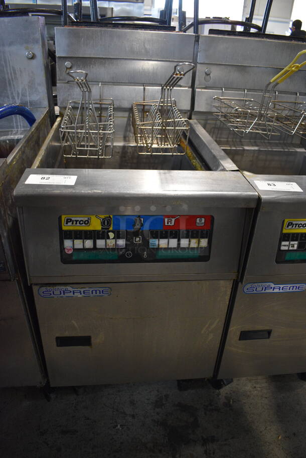 2018 Pitco SSH60W Commercial Stainless Steel Natural Gas Floor Fryer With Frying Baskets On Commercial Casters. BTU 100,000
