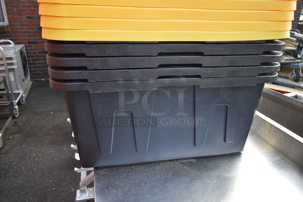 ALLL ONE MONEY! Lot of 4 Black Poly Bins, 10 Yellow Poly Lids and 5 Gray Poly Lids. Includes 28x18x13.5 - Image 2 of 5