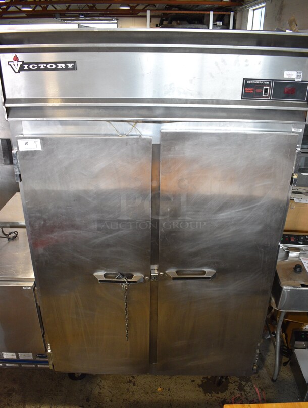 Victory Model RS-2D-S7 Stainless Steel Commercial 2 Door Reach In Cooler w/ Poly Coated Racks on Commercial Casters. 115 Volts, 1 Phase. 51.5x33x84. Tested and Working!