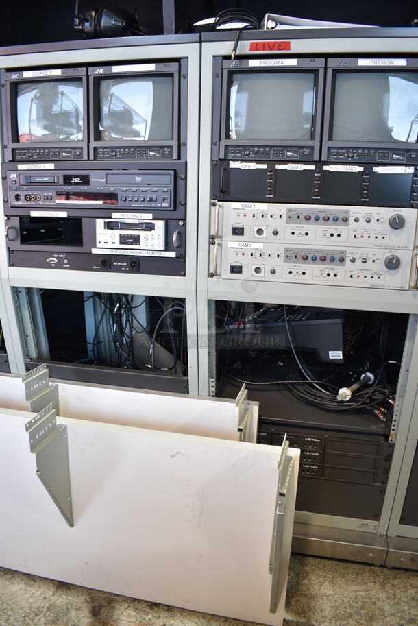 Television Production Station w/ Acer x193w Monitor, Planar PL1700 Monitor, 6 JVC TM-1011 Monitors, 2 JVC SR-DVM600 DVD/HDD/DVD Recorder, Pansonic AG-DV2500 Digital Video Recorder, JVC SR-MV45 VHS/DVD Recorder, Extron VSC500 Video Scan Converter, Extron DA2 RGBHV Wideband RGB Distribution Amplifier, 2 Panasonic AW-RC600 Remote Control Rack Units, Anchor Speaker, Tascam CD-RW900SL Slot Loading CD Recorder Rack Unit, Crown D-45 Power Amplifier Rack Unit, Clear Com MS-702 2 Channel Main Station Rack Unit, Drake VM2050 T Channel Video Modulator. - Image 4 of 12