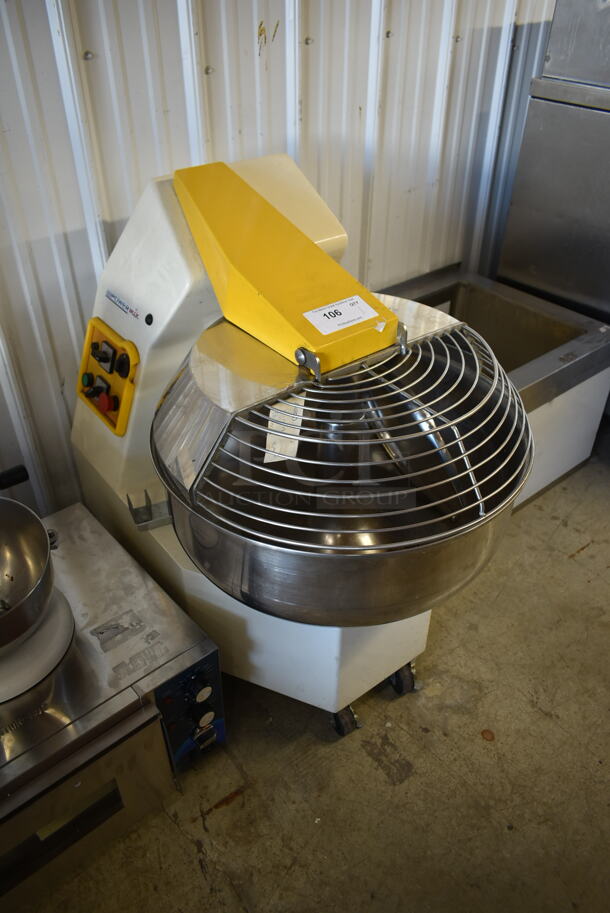 Powermix FC35D Metal Commercial Floor Style Spiral Dough Mixer w/ Stainless Steel Mixing Bowl and Bowl Guard on Commercial Casters. 220 Volts, 3 Phase.  - Image 1 of 7
