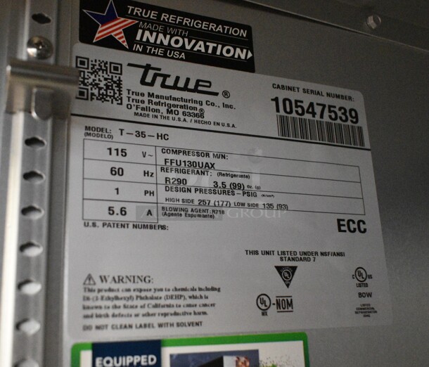 2023 True T-35-HC Stainless Steel Commercial 2 Door Reach In Cooler w/ Poly Coated Racks on Commercial Casters. 115 Volts, 1 Phase. Tested and Working! - Image 7 of 7