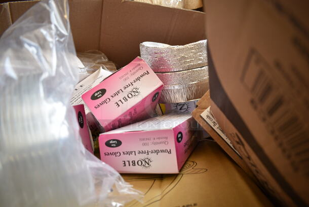 PALLET LOT of 20 BRAND NEW Boxes Including 600-318 Lids, 394385L Noble Gloves, Dart 60HT1 White Foam Hinged Lid Container 6" x 6" x 3" - 500/Case, 2 Box 127SB32COMBO Choice 32 oz. Clear Plastic Salad Bowl with Lid - 150/Case, 130HFWH1M Visions White Heavy Weight Plastic Fork - Case of 1000, 500CC9 Choice 9 oz. Clear PET Customizable Plastic Squat Cold Cup - 1000/Case. 20 Times Your Bid! - Image 6 of 12