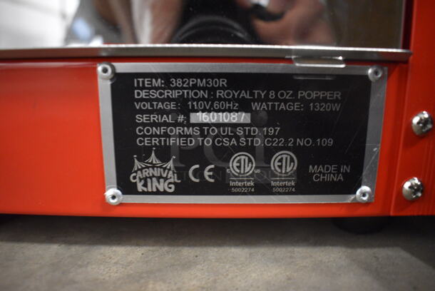 BRAND NEW IN BOX! Carnival King Model 382PM30R Metal Commercial Countertop Popcorn Machine. 110 Volts, 1 Phase. 22x16.5x30 - Image 5 of 10