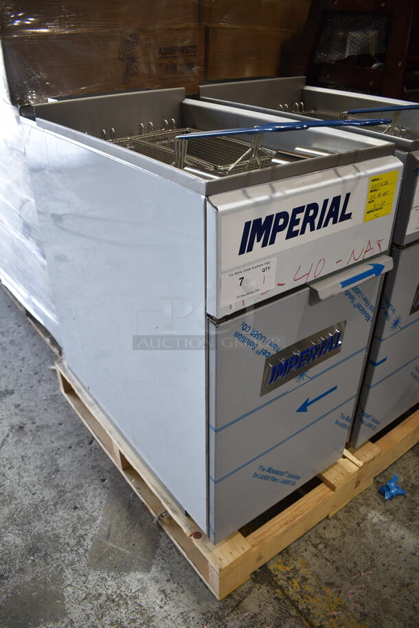 BRAND NEW SCRATCH AND DENT! Imperial IFS-40 Stainless Steel Commercial Floor Style Natural Gas Powered Deep Fat Fryer w/ 2 Metal Fry Baskets. Does Not Have Back Panel. 105,000 BTU.  - Image 3 of 8