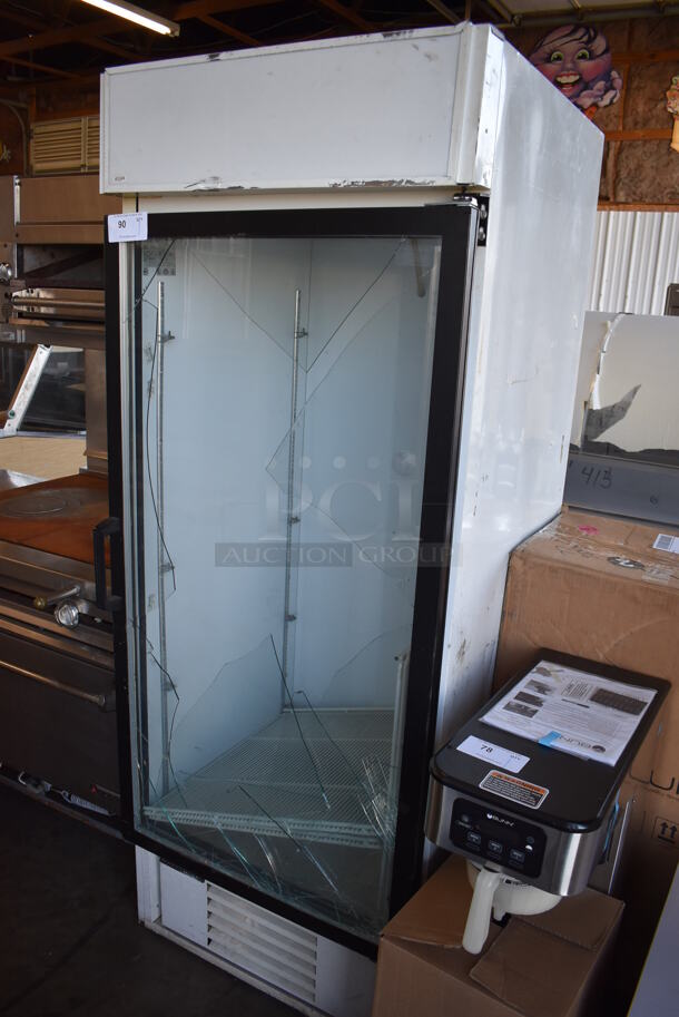 Master-Bilt Metal Commercial Single Door Reach In Cooler Merchandiser. See Pictures For Broken Interior Glass Pane. 208-230 Volts, 1 Phase. 30x30x78