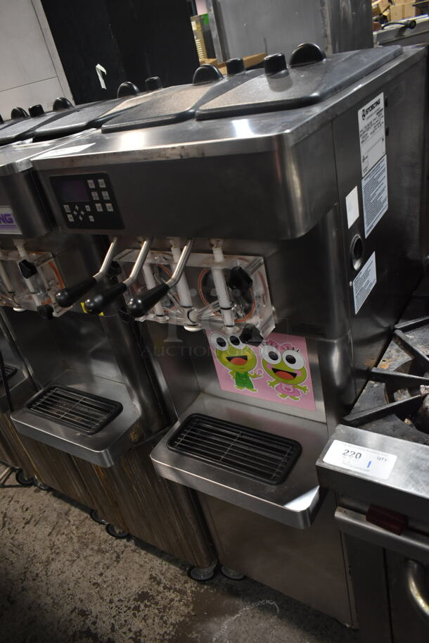 2014 Stoelting F231-18I2-SFAD Stainless Steel Commercial Floor Style Water Cooled 2 Flavor w/ Twist Soft Serve Ice Cream Machine on Commercial Casters. 208-240 Volts, 1 Phase.