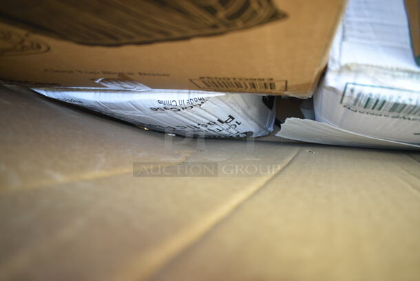 PALLET LOT of 20 BRAND NEW Boxes Including Dart 205HT1 White Foam Take Out Container with Perforated Hinged Lid 9" x 6" x 3" - 200/Case, 5002WRAPNAP Natural Kraft 1/4 Fold Dinner Napkin 16" x 16, 394365L Noble Products Powder-Free Disposable Vinyl Gloves for Foodservice - 1000/Case, 485WJ7TN Choice 7 3/4" Jumbo Clear Wrapped Straw - 12000/Case, 795KFTL50PE Choice 44-50 oz. Round PET Take-Out Lid - 300/Case, Dart 90HTPF1R White Foam Square Take Out Container with Hinged Lid 9" x 9" x 3" - 200/Case, 395TO991 EcoChoice 9" x 9" x 3" Compostable Sugarcane / Bagasse 1 Compartment Take-Out Box - 200/Case, 130WSPOONWP Choice Individually Wrapped Medium Weight White Plastic Teaspoon - 1000/Case. 20 Times Your Bid!  - Image 5 of 12