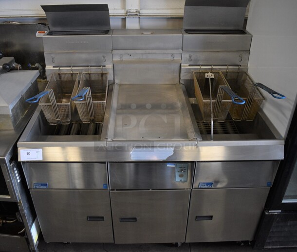 Pitco Frialator Model F14S-V Stainless Steel Commercial Floor Style Propane Gas 2 Bay Fryer w/ Center Dumping Station on Commercial Casters. 110,000 BTU. 49x32x54 - Image 2 of 10