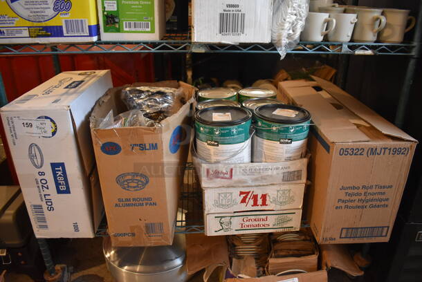 ALL ONE MONEY! Tier Lot of Various Items Including Behr Paint, Toilet Paper, Plastic Lids