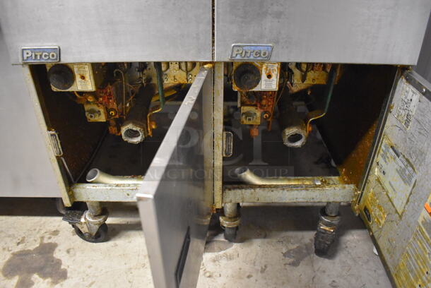 2012 Pitco Frialator SG14 Stainless Steel Commercial 2 Bay Natural Gas Powered Deep Fat Fryer w/ 4 Metal Fry Baskets on Commercial Casters. 110,000 BTU. 31.5x34x48 - Image 11 of 11