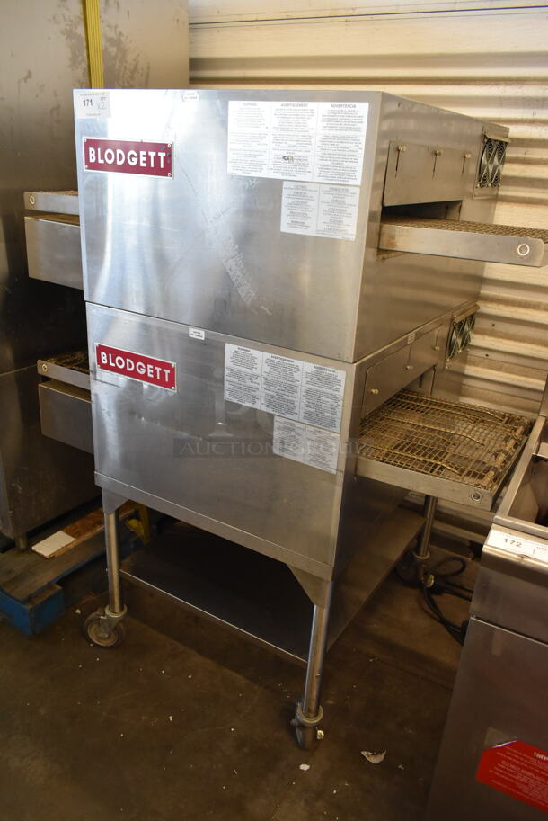2 Blodgett MT1828G00097 Stainless Steel Commercial Natural Gas Powered Conveyor Pizza Ovens on Equipment Stand w/ Commercial Casters. 38,000 BTU. 2 Times Your Bid! - Item #1112379