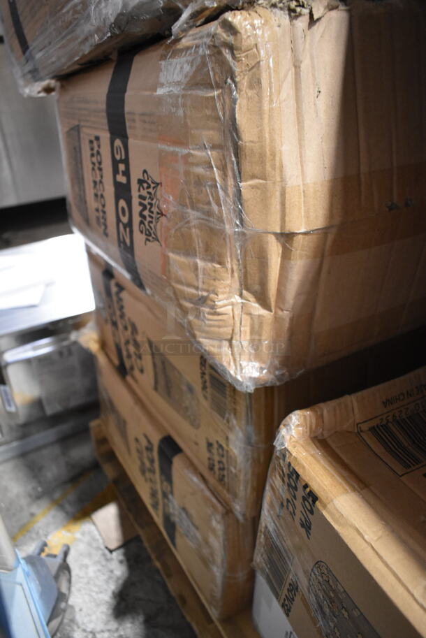 PALLET LOT of 35 BRAND NEW Boxes Including 5005DNAPFLTE Choice Touchstone White Linen-feel Dinner Napkin, 128HD8COMBO Choice Microwavable Translucent Plastic Deli Container and Lid, 2 Box 500L1020B Choice Black Hot Paper Cup Travel Lid, 485COLWNEON Choice Neon Wrapped Straw, 245CB12 Choice Customizable Plain Pizza Box, 500MF993B1C Choice 9" x 9" 1-Compartment Microwaveable Black Mineral-Filled Plastic Hinged Take-Out Container - 150/Case, RK12 Fabri-Kal RK Ribbed Cold Drink Cups, 12oz, Translucent, 50/Sleeve, 20 Sleeves/Carton, 2 Box 760V32 Carnival King 32 oz. Popcorn Cup - 500/Case, 760VP64 Carnival King Popcorn Bucket, Kari-out Company Japanese style Bamboo Chopsticks. 35 Times Your Bid! - Image 11 of 12