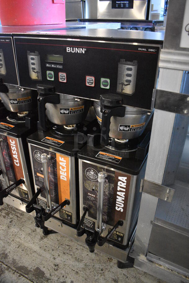 2012 Bunn Model DUAL SH DBC Stainless Steel Commercial Countertop Dual Coffee Machine w/ 2 Stainless Steel Brew Baskets and 2 Bunn Model SH SERVER Satellite Servers. 120/208-240 Volts, 1 Phase. 18x24x36. Tested and Working! - Image 2 of 5