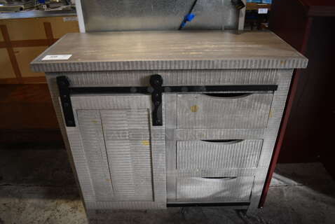 Gray Wood Pattern Counter w/ 3 Drawers and Door. 39.5x16.5x35.5