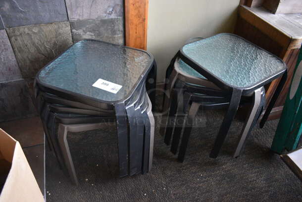10 Brown Metal Stools w/ Clear Countertop. BUYER MUST REMOVE. 16x16x17. 10 Times Your Bid! (Susquehanna Ale House)