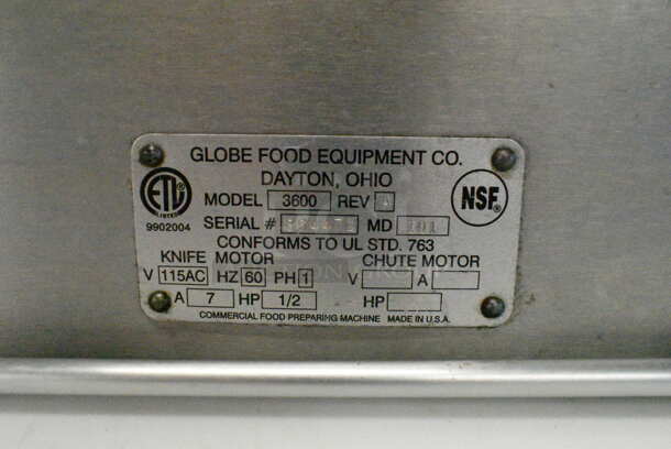 Globe 3600 Stainless Steel Commercial Countertop Meat Slicer w/ Blade Sharpener. 115 Volts, 1 Phase. Tested and Working! - Image 8 of 8