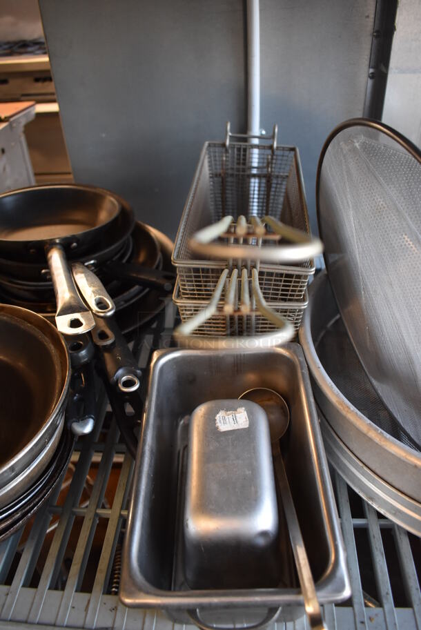 ALL ONE MONEY! Tier Lot of Various Items Including Metal Skillets, Metal Stock Pot, Fry Baskets, China Cap Strainer - Image 5 of 12