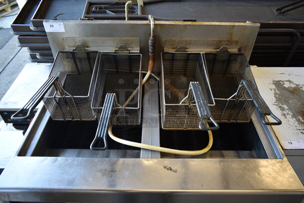 2015 Henny Penny OFG-342 Stainless Steel Commercial Floor Style Natural Gas Powered 2 Bay Deep Fat Fryer w/ Filtration System on Commercial Casters. 240,000 BTU.  - Image 3 of 11