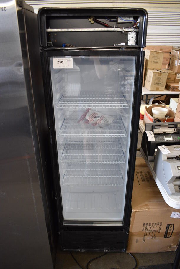 BRAND NEW SCRATCH AND DENT! KoolMore Model MDR-9CP Metal Commercial Single Door Reach In Cooler Merchandiser w/ Poly Coated Racks. 115 Volts, 1 Phase. 21x21x69. Tested and Working!