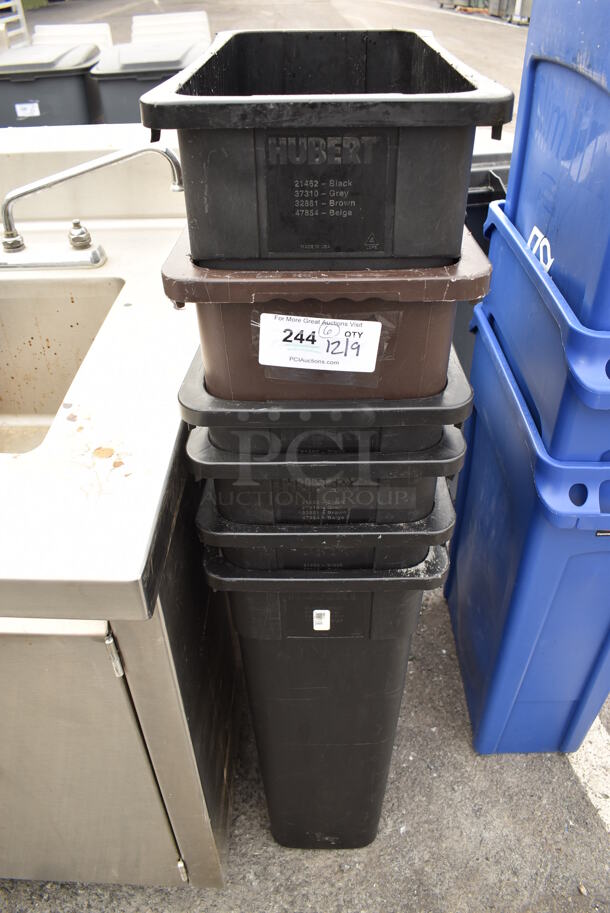 6 Poly Slim Jim Trash Cans; Brown and 5 Black. 11x20x30. 6 Times Your Bid!