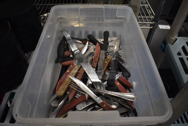 ALL ONE MONEY! Lot of Various Knives and Forks In Clear Bin