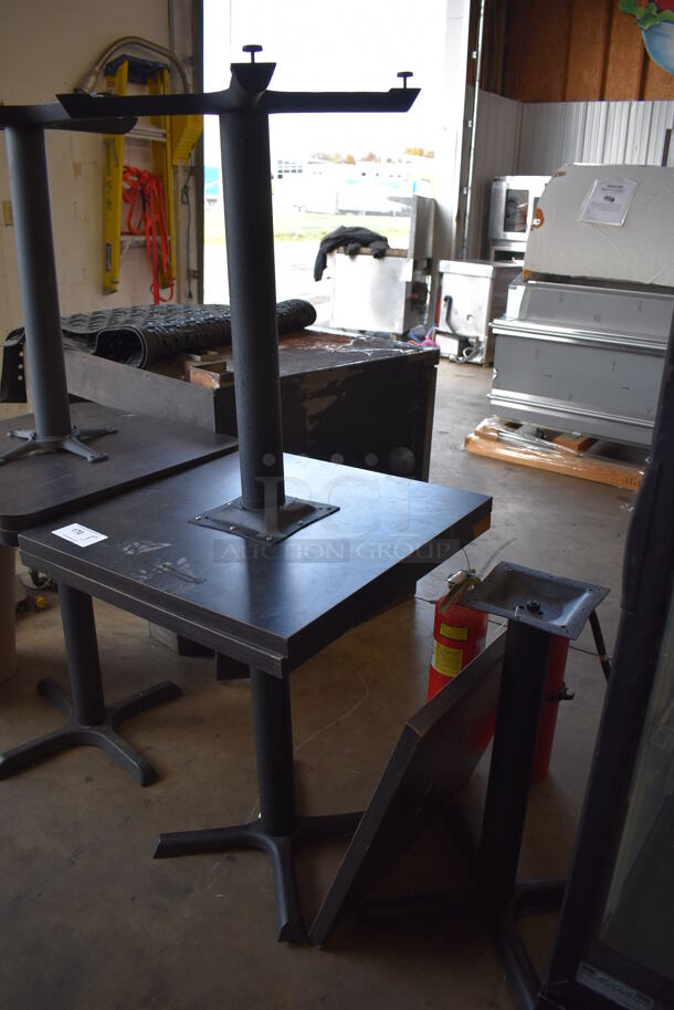 3 Dark Wood Pattern Tabletops on Black Metal Table Base. One Tabletop Is Detached From Its Base. 24x24x29. 3 Times Your Bid! - Image 5 of 7