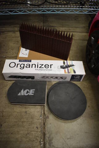 ALL ONE MONEY! Lot of Imillet Multipurpose Organizer, Brown Poly Bird Repellant Spikes and 4 Furniture Moving Pads