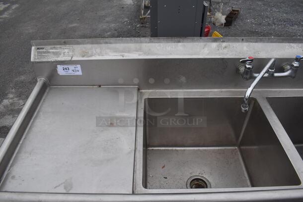 Stainless Steel Commercial 4 Bay Sink w/ Dual Drain Boards, Faucet, 2 Handle Sets and Spray Nozzle Attachment. 114x27x44. Bays 20x18x14, 10x18x14. Drain Boards 16x21x1 - Image 3 of 10